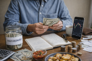 Planowanie finansów i oszczędzanie pieniędzy przy stole z notatkami i gotówką