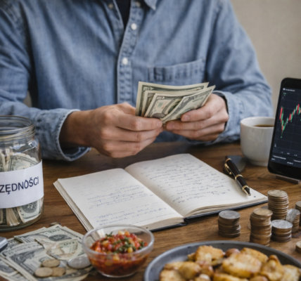 Planowanie finansów i oszczędzanie pieniędzy przy stole z notatkami i gotówką