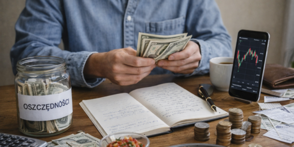 Planowanie finansów i oszczędzanie pieniędzy przy stole z notatkami i gotówką