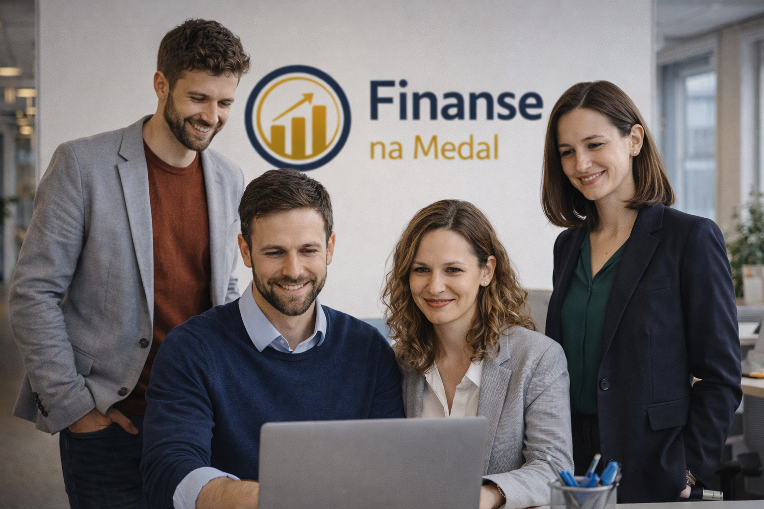 Zespół redakcji FinanseNaMedal.pl podczas pracy w nowoczesnym biurze