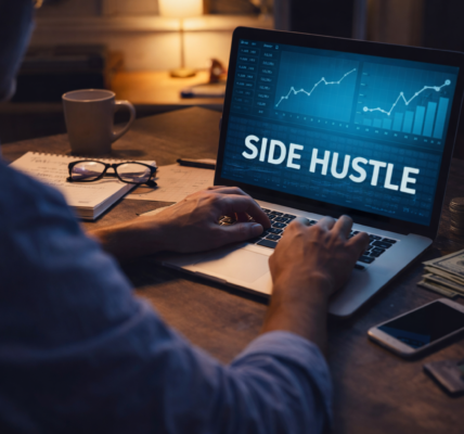 osoba pracująca wieczorem przy laptopie nad dodatkowym źródłem dochodu