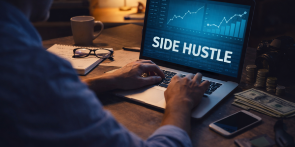 osoba pracująca wieczorem przy laptopie nad dodatkowym źródłem dochodu
