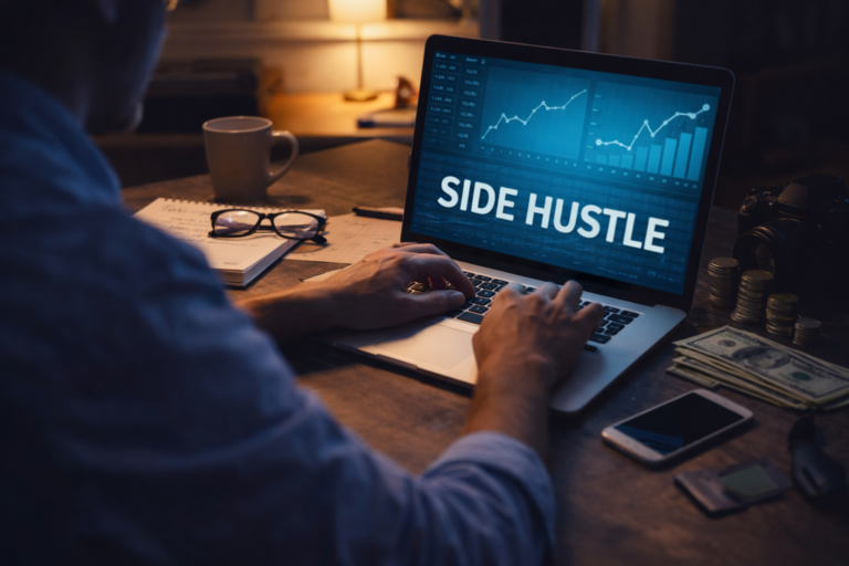 osoba pracująca wieczorem przy laptopie nad dodatkowym źródłem dochodu