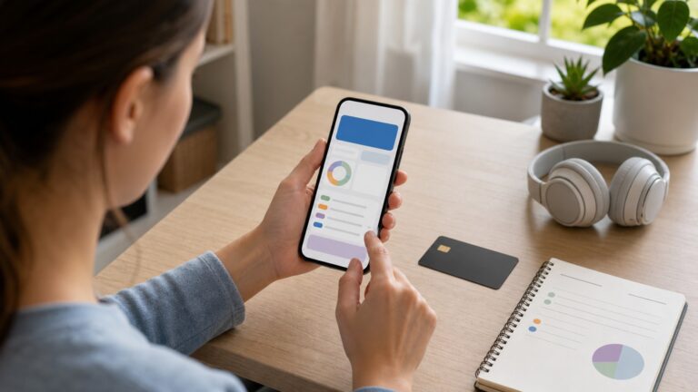 Młoda osoba korzystająca z aplikacji bankowej na smartfonie przy biurku