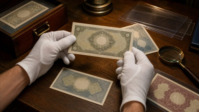 Banknoty kolekcjonerskie oglądane pod lupą podczas oceny ich wartości numizmatycznej