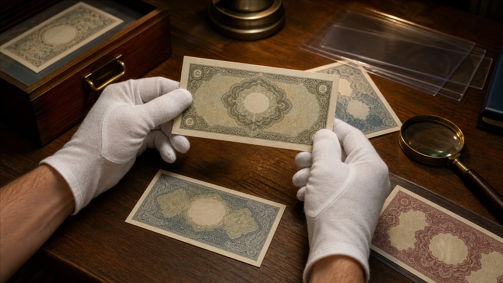 Banknoty kolekcjonerskie oglądane pod lupą podczas oceny ich wartości numizmatycznej