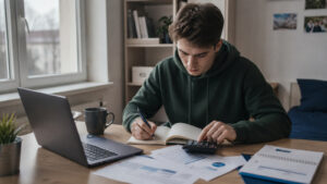 Student analizujący warunki kredytu studenckiego przy biurku