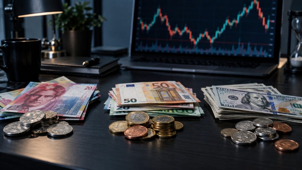 Frank szwajcarski, euro i dolar na tle wykresu rynkowego