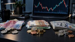 Frank szwajcarski, euro i dolar na tle wykresu rynkowego