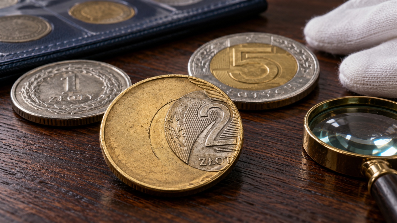 Polskie monety obiegowe, w tym moneta z przesuniętym biciem, oglądane za pomocą lupy numizmatycznej.