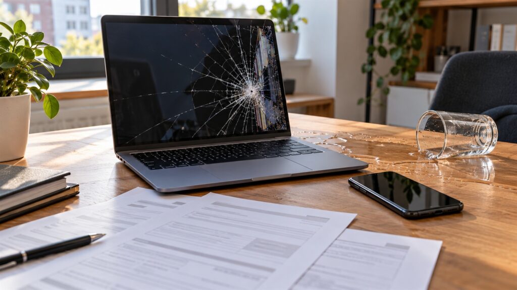 Ubezpieczenie sprzętu elektronicznego – laptop z pękniętym ekranem, smartfon i dokumenty polisy na biurku.