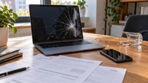 Ubezpieczenie sprzętu elektronicznego – laptop z pękniętym ekranem, smartfon i dokumenty polisy na biurku.